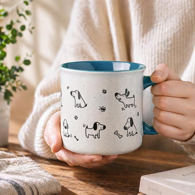 AmorArc 22 OZ Large Ceramic Coffee Mugs Set of 2, Oversized Mugs With Big Handle for Men Women Dad Mom, Big Mug With Textured Dogs Cats Patterns for Office & Home -Microwave Safe, 2 Pcs-Blue - Image 2