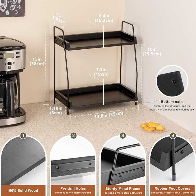 ANBOXIT 2-Tier Coffee Station Organizer, Wooden Kitchen Counter Shelf | for Coffee Bar Accessories, Condiment Storage Caddy for Kitchen, Home, Office - Black - Image 3