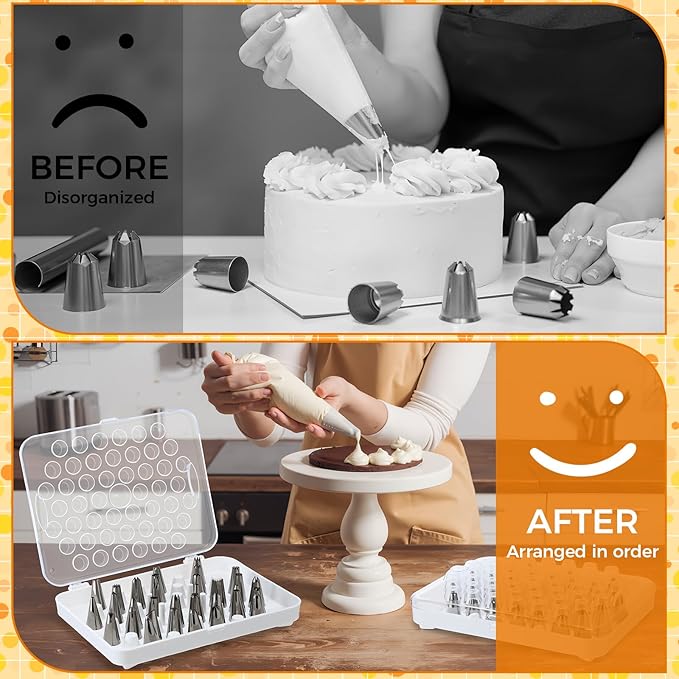 2 Pcs Piping Tip Organizer Box for 104 Icing Tips with 2 Standard Coupler 4 907 Flower Nails Piping Tip Storage for Cake Baking Decorating Tools