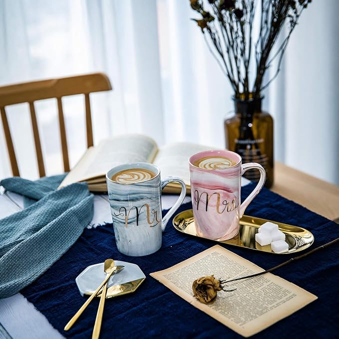 Jumway Wedding Gifts for Couples 2026, Gifts for Bridal Shower Engagement Bride and Groom Anniversary -Ceramic Marble Coffee Mugs with Real Gold Mr/Mrs Letters 14 Oz Pink - Image 5
