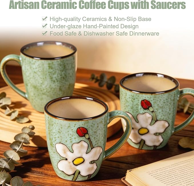 12oz Coffee Mugs Set of 4, Hand-Painted Floral Stoneware Cups with Handle, Dishwasher Microwave Oven Safe, Cappuccino Mugs for Latte, Tea, Espresso & Hot Cocoa, for Home Kitchen & Cafe, Green - Image 5