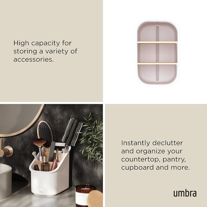 Umbra Bellwood Utensil Holder, Kitchen Storage Organizer, White/Natural | Three tier compartments, removable dividers, compact countertop fit, recycled plastic - Image 4