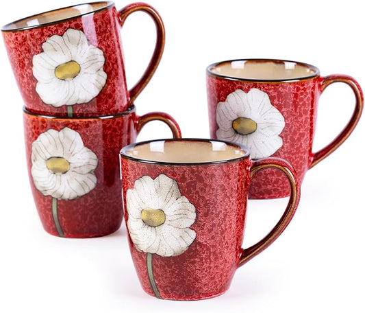 12oz Coffee Mugs Set of 4, Hand-Painted Floral Stoneware Cups with Handle, Dishwasher Microwave Oven Safe, Cappuccino Mugs for Latte, Tea, Espresso & Hot Cocoa, for Home Kitchen & Cafe, Red by WHITEPENOY