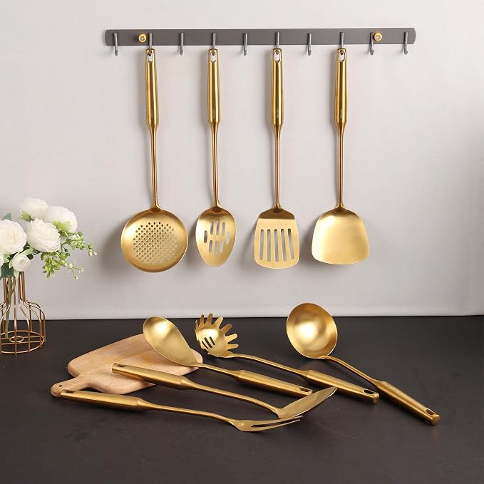 Gold Kitchen Utensils Set - 15" All Metal Cooking Tools Set of 9 | 18/10 Stainless Steel Cooking Utensils - Fork, Solid/Slotted Spoon, Spatula, Ladle, Skimmer, Turner, Pasta Spoon, Large Spoon - Image 8