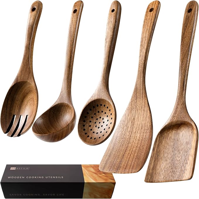 Wooden Spoons for Cooking, 5-Piece Acacia Wood Cooking Utensil Set | Spoons and spatulas stir, mix, flip and serve; balanced handles offer control while staying gentle on nonstick cookware. by HEFILD