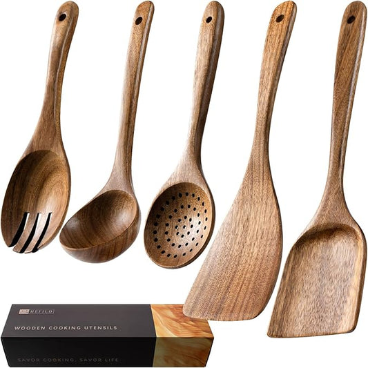 Wooden Spoons for Cooking, 5-Piece Acacia Wood Cooking Utensil Set | Spoons and spatulas stir, mix, flip and serve; balanced handles offer control while staying gentle on nonstick cookware. by HEFILD