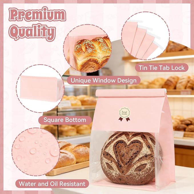100 Bread Bags with Tabs for Homemade Sourdough Bread, 8.7x4.3x11 Inches Pink Bakery Storage Bags with Window/Ties, Large Bakery Loaf Bag for Baked Goods Packaging - Image 4