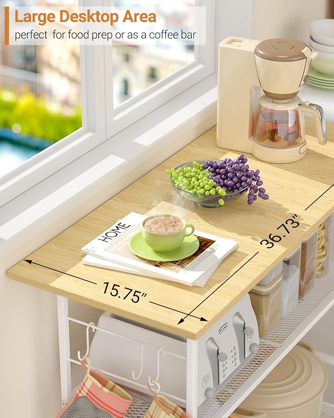 Kitchen Island with 3 Shelves, Rolling Kitchen Cart with 6 Hooks and Protective Shelf, Microwave Stand on Lockable Wheels, Bakers Rack Coffee Bar for Dining, Living Room, Outdoor, Metal Frame, White - Image 7