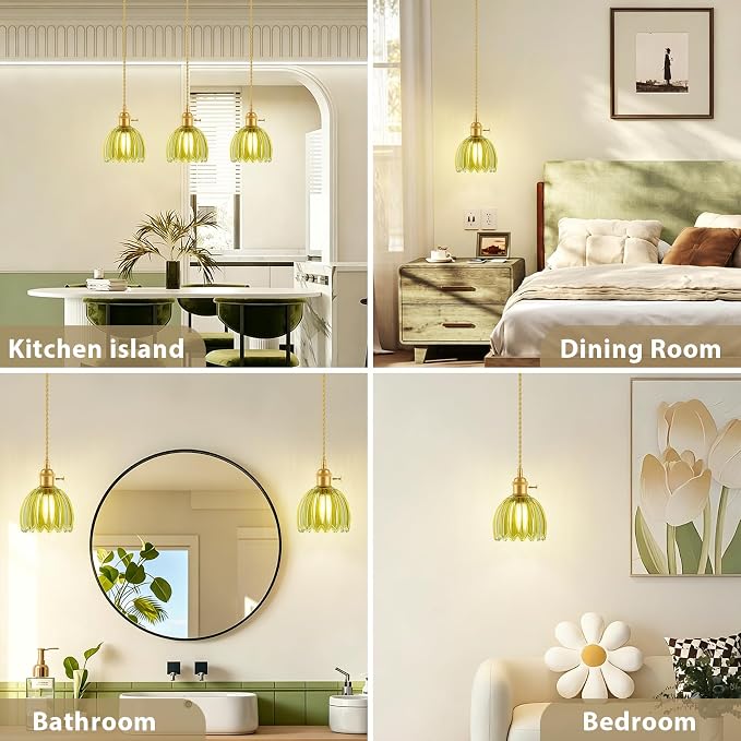Ralbay Vintage Pendant Lights Kitchen Island,Green Tulip Glass Shade,3Packs | Mini Pendant Light Fixture with Switch,Adjustable Brass Hanging Light for Bedroom, Dining Room, Hallway,Bar - Image 2