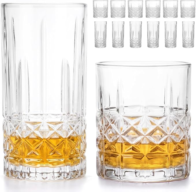 Moretoes Drinking Glasses, 12 Piece Crystal Glass Cups | Mixed Glassware Set, 6 Crystal Old Fashioned 10oz and 6 Highballs Glasses, Great for Cocktail, Whisky and Other Beverages by Moretoes