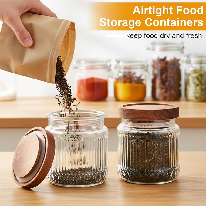 6 Pcs 500ml/17 oz Vintage Glass Storage Jar Glass Containers with Wood Lid Ribbed Pattern Airtight Kitchen Spice Containers for Pantry, Coffee Bean, Grains, Tea, Sugar, Flour, Candy, Oats - Image 6