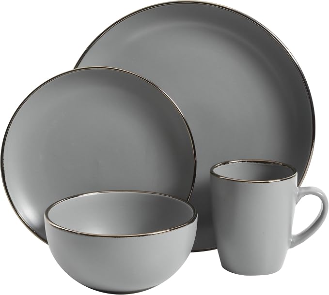 Gibson Home Rockaway 16-Piece Round Stoneware Dinnerware Set, Service for 4 – Grey with Gold Rim Plates and Bowls, Microwave & Dishwasher Safe - Image 2