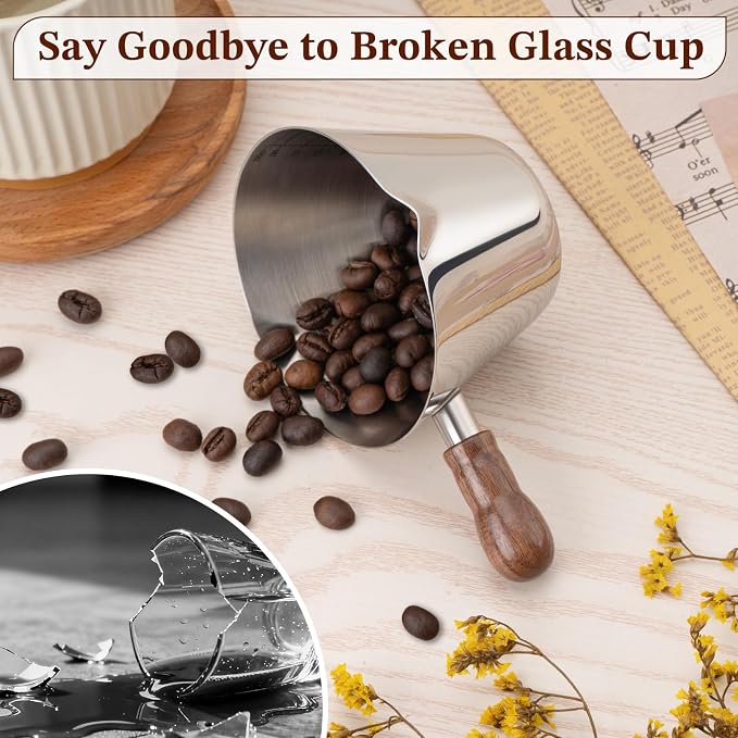 Amrules Espresso Cup, 6.8 oz/200 ml Stainless Steel Coffee Shot Measuring Cup with Wood Handle, Double V-Shaped Mouth and Clear Scale for Cappuccino Barista Coffee Bar Accessories, Silver - Image 5