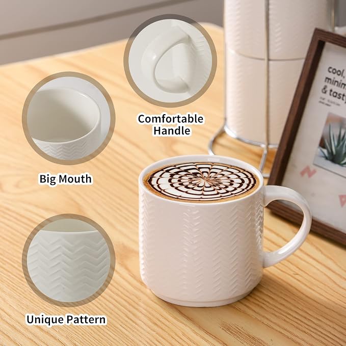 Hasense Coffee Mugs Set of 4 with Stand, 15 oz Porcelain Stackable Coffee Cups Set with handle for Tea, Latte, Milk and Cappuccino, White Embossed Tea Cups Set with Geometric Pattern for Men and Women - Image 5