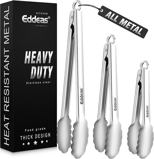 Metal Tongs For Cooking Up To 600°F Kitchen Tongs 3PCS - 9", 12 inch | Heat Resistant 600 Degree, All Stainless Steel Food Tongs,Non-Slip handle, Salad, Grilling, bbq, Dishwasher safe by Eddeas