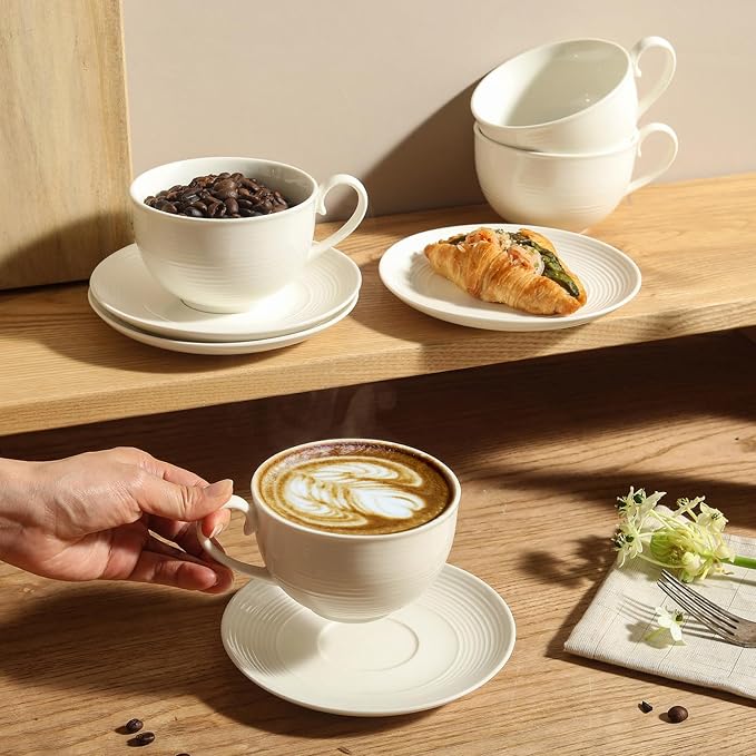 12 oz Cappuccino Cups with Saucers, Ceramic Espresso Coffee Cups Set of 4, White Latte Cup and Saucer, Elegant Tea Mugs Set, Microwave Dishwasher Safe Drinkware for Cafe, Housewarming Gift - Image 2