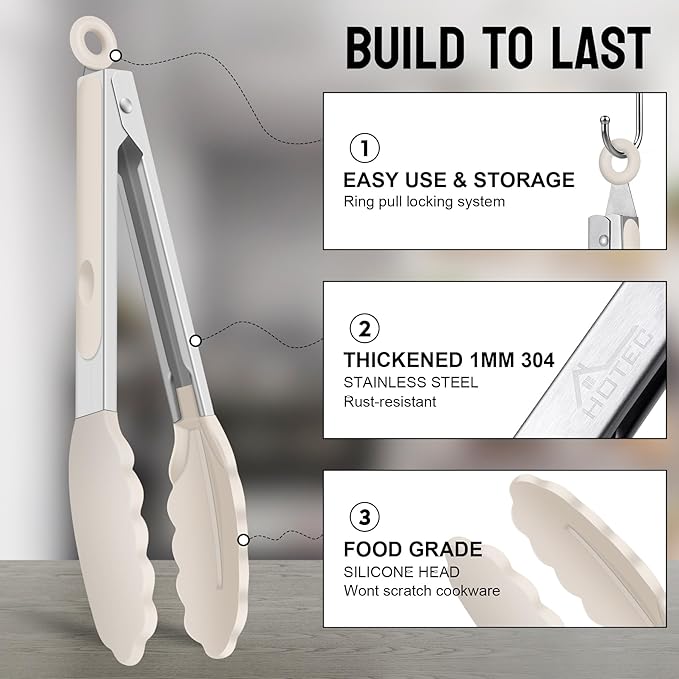 HOTEC Premium Stainless Steel Locking Kitchen Tongs with Silicon Tips, Set of 2-9" and 12",Khaki - Image 4