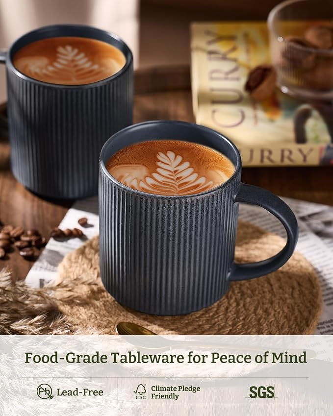 famiware Coffee Mug Set for 4, Star 16 oz Catering Mugs Cup Set with Handle for Coffee, Tea, Cocoa, Milk - Ceramic Stoneware Drinkware Set, Matte Dark Charcoal - Image 2