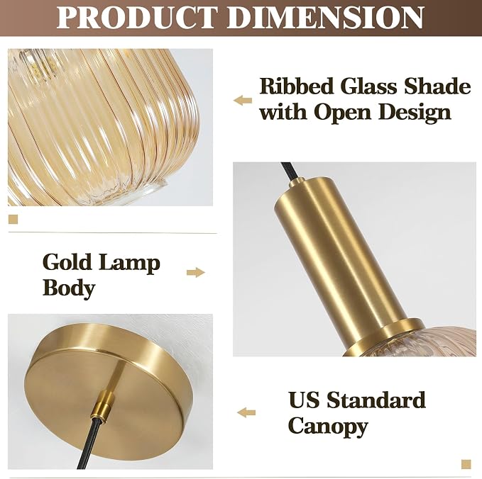 KCO Lighting MCM Gold 7.9" Amber Ribbed Glass Pendant Lights Kitchen Island | Adjustable Cord for Sloped Ceilings, E26 Base, Vintage Brushed Brass Hanging Light for Living Dining Room Hallway Bar Bedroom - Image 3