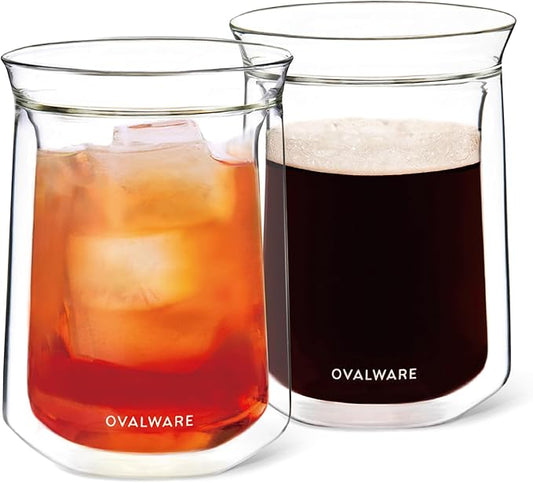 ovalware Double Wall Single Lip Insulated Glass Cup, Set of 2 (12oz / 350ml) - Borosilicate Glass For Coffee, Tea, Whiskey, Cocktails & All Beverages - Minimalistic & Durable Double-Wall Drinking Mug