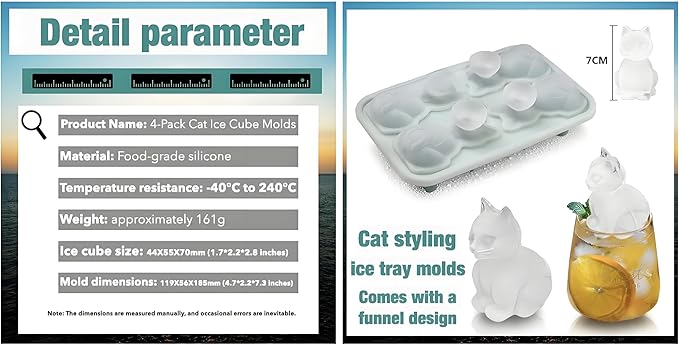 3D Cat Silicone Ice Cube Mold with Funnel - Whiskey & Cocktail Ice Trays for Bourbon, Brandy, Fast Freeze BPA-Free, Easy Release Novelty Gift for Men (blue)