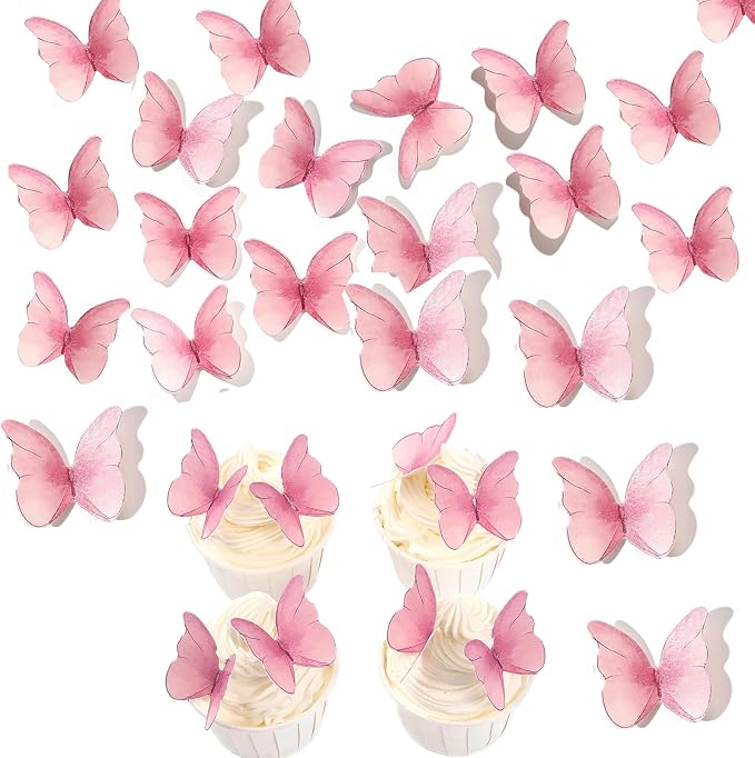 YOcity 48Pcs Edible Butterflies Cake Cupcake Toppers Pink Wafer Paper Butterfly Cake Decorations for Wedding Birthday Party Cupcakes Decorating Pink - Image 2