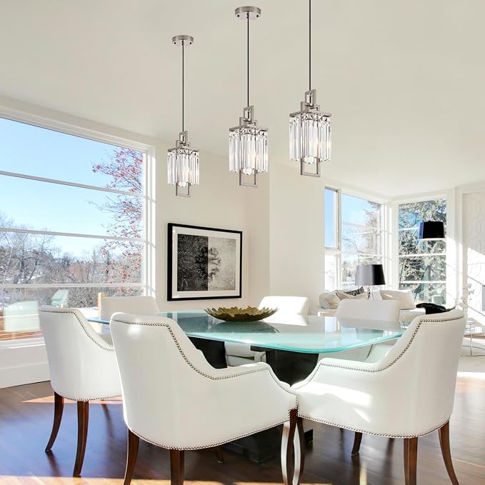Modern Brushed Nickel Pendant Light Fixture for Kitchen Island and Dining Room, Industrial Small Hanging Crystal Chandelier Light Fixture for Bedroom Entryway Living room Foyer Hallway 3-Pack - Image 5