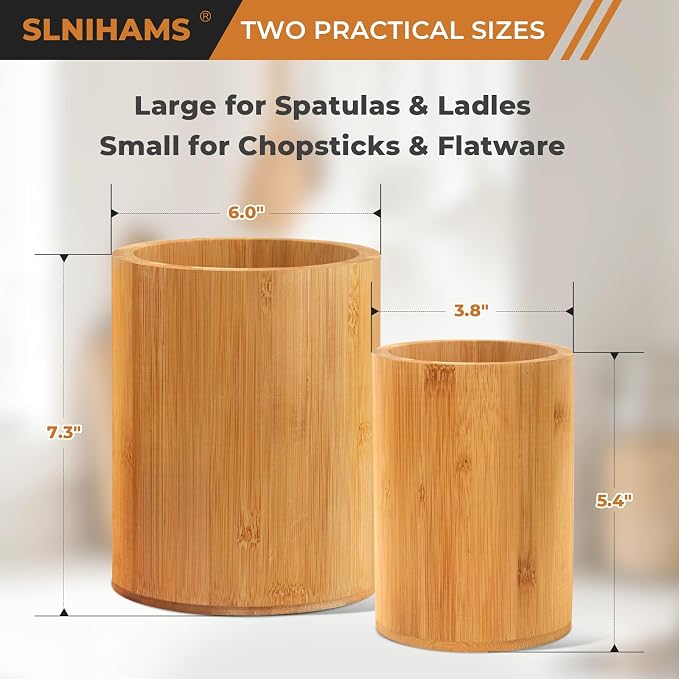 Bamboo Utensil Holder, 7.3"+5.4" Set of 2 Utensil Holders for Kitchen Counter, Bamboo Spoon and Chopstick Organizer, Flatware, Spatula & Silverware Storage Containers, for Countertop & Pantry - Image 2