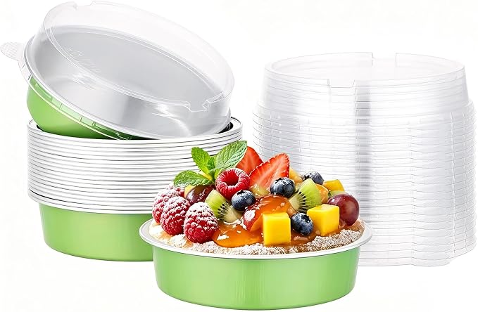 Beasea Mini Tart Pans with Lids 20 Pack, 4" 7.3oz Matcha Green Disposable Aluminum Foil Baking Tins Cups, Round Pie Container Mini Tart Pan for Individual Cupcake Dessert Muffin Cheesecake Quiche by Beasea