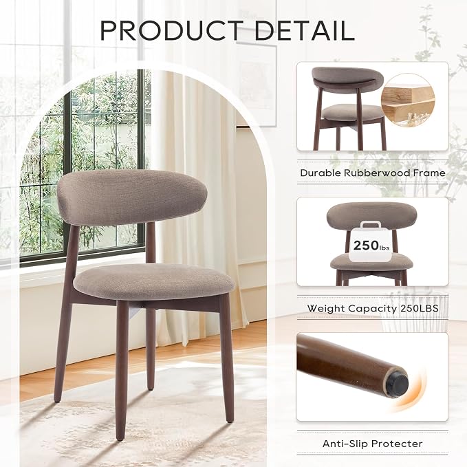 COLAMY Wooden Dining Chairs Set of 4, Modern Fabric Upholstered Dining Room Chair, Farmhouse Kitchen Chairs with Foot Pegs, Camel - Image 6