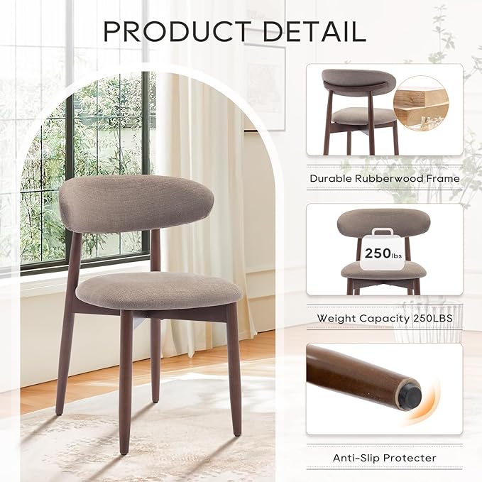 COLAMY Wooden Dining Chairs Set of 6, Modern Fabric Upholstered Kitchen Side Chairs, Farmhouse Dining Room Chair with Foot Pegs, Camel - Image 5