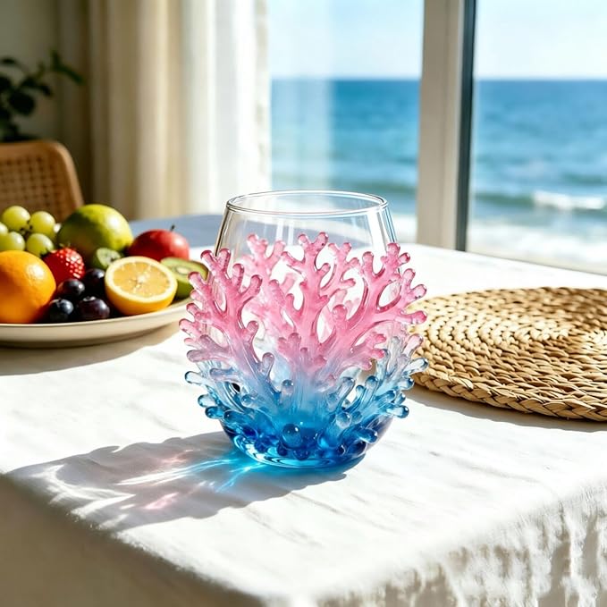 Artisanal Blue Ringed Glassware Octopuses Stemless Wine Glasses Marine Animal Bar Glass Coastal Home For Lovers (White4, A) - Image 3
