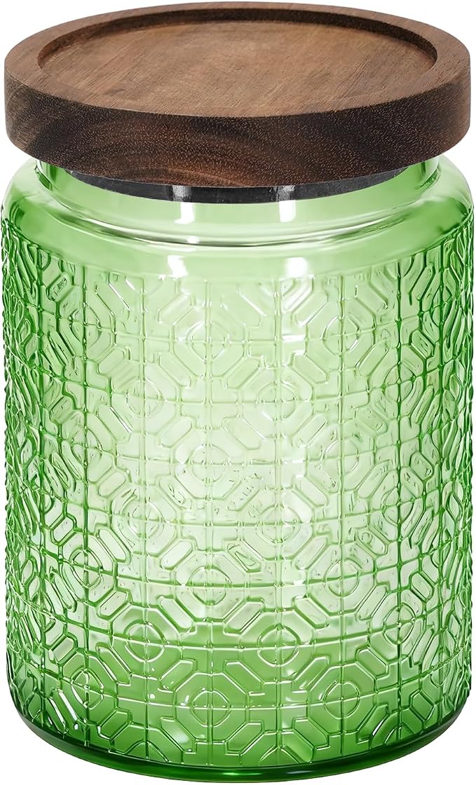 1Pc 24oz Window Style Vintage Glass Candy Jar with Solid Wood Lid, Kitchen Storage Canister for Sugar, Coffee, Tea, Cookies, Bath Salt - Decorative Mason Jar (1, Green, 24oz) by eispap