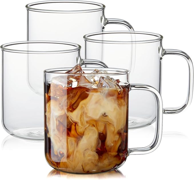 Glass Coffee Mugs, 14 oz Ice Coffee Cups Set of 4, Large Clear Tea Cups, Glass Mugs with Handles for Hot Beverages, Glass Cups for Latte, Cappuccino, and Tea by BWODYAY