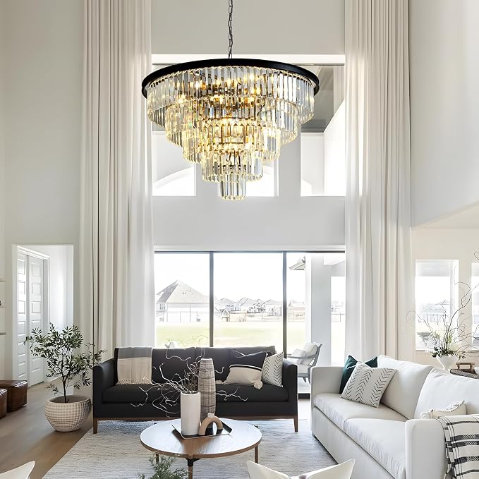 Large Crystal Chandelier 30'' Modern Black Dining Room Light Fixture | 5-Tier K9 Luxury Crystal Pendant Light for High Ceiling Big lighting fixture for Living Room Kitchen Foyer Staircase Entryway - Image 4