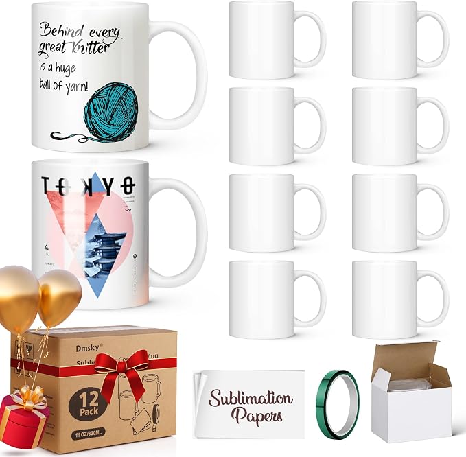 Dmsky Sublimation Coffee Mugs Tazas para Sublimar 11 oz Blank Bulk Coffee Mug White Ceramic Photo Cups with Box, Heat Tape, Sublimation Paper Ideal for Crafts Printing Set of 12 by DMSKY