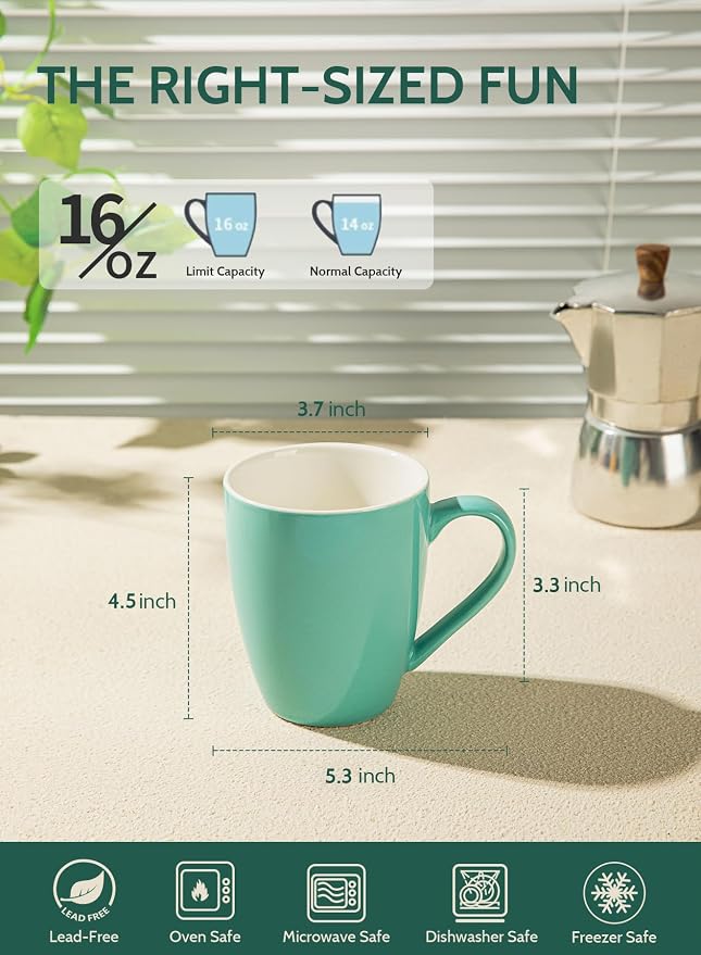 Sweese Porcelain Coffee Mugs - 16 Ounce - Set of 6, Cups for Latte, Hot Tea, Cappuccino, Mocha, Cocoa, Multicolor, Blue Assorted Colors - Image 3