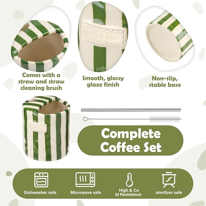 1 Pack Ceramic Coffee Mug with Sip Hole Espresso Cup 10oz with Straws Retro Hand Painted Striped Ceramic Iced Coffee Tea Travel Mug Latte Cup for Kitchen Dining (Simple,Green) - Image 3