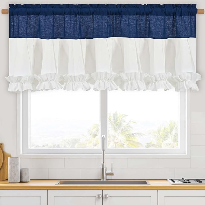 Likiyol Linen Valances for Windows Farmhouse Window Valances with Ruffle Rustic Country Light Filtering Kitchen Valance Curtains Rod Pocket Valance for Bathroom Cafe, Navy Blue White, 52" W X 18" L - Image 3