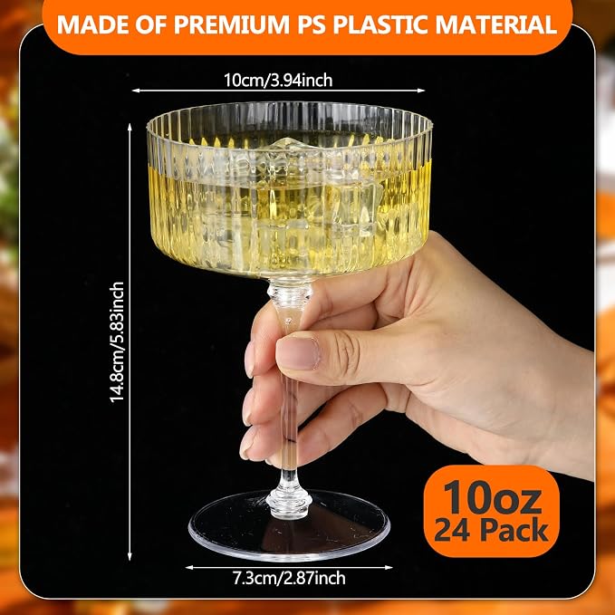 Jingmore 24 Pcs Ribbed Martini Glasses 10 oz Disposable Plastic Vintage Ribbed Coupe Glasses Unbreakable Dessert Parfait Glassware for Wedding Birthday Party Supplies (Clear) - Image 2
