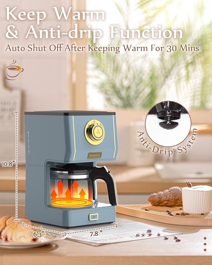 Amaste Coffee Maker, 5 Cup Coffee Pot with Three Brewing Modes, Retro Coffee Maker with Glass Carafe & Reusable Coffee Filter, Drip Coffee Maker Ideal for Home or Office, Warming Plate, Ash Blue - Image 6