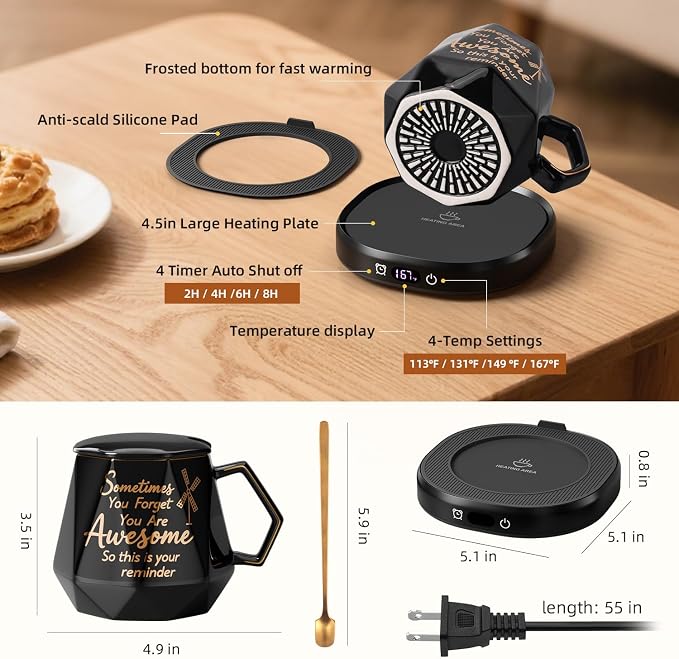 Coffee Mug Warmer Set Smart Electric Cup Candle Warmer for Desk Office | You're Awesome Mug Warmer Set, Desk Tea Beverage Heater Plate, 4 Temperature Setting & 8H Auto Shut Off, Women Birthday Gifts - Image 8
