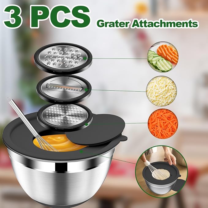 DUTZUN Kitchen Appliances, Large Mixing Bowls with Lids Set & Colander | 6.0 QT Stainless Steel Mixing Bowl with Strainer & Graters for Baking, Serving, Cooking, Prep, Salad - Image 5
