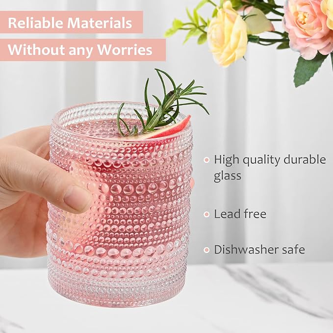 ZMOWIPDL Drinking Glasses Set of 6,12oz Clear Hobnail Glass Cups | Vintage Glassware，Embossed Water Tumbler,for Beer,Cocktail,Whiskey,Juice and Various Mixed Drinks- 1 Cleaning Brush - Image 6
