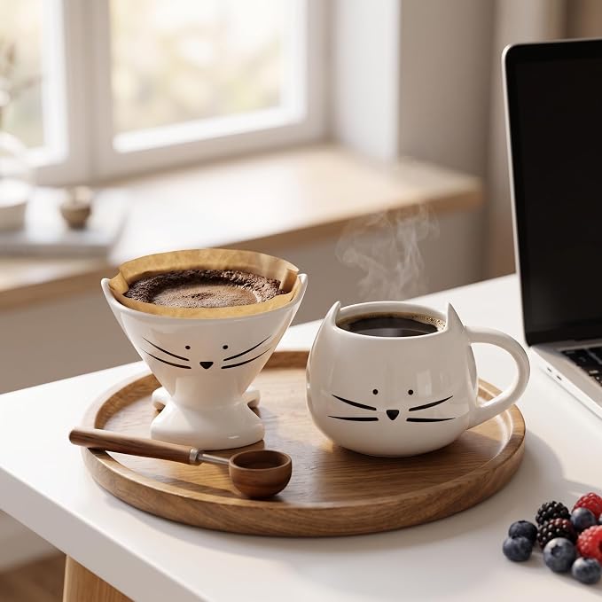 Koolkatkoo Cat Coffee Mug with Kitty Figurine, White | Ceramic Mug with Pour Over Coffee Maker, Cat Themed Gifts for Women, Christmas Birthday Mothers Day Idea - Image 5
