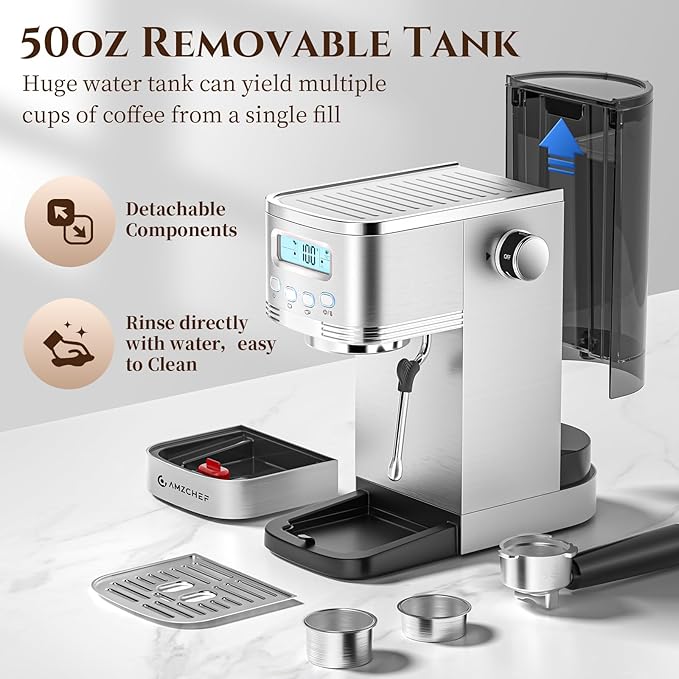 AMZCHEF Espresso Machine with LCD Display, 20 Bar Cappuccino Machines with Milk Frother for Home Gifts, Latte Coffee Maker with Dual Wall & Filters, Stainless Steel Style sliver
