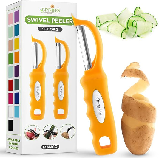 Spring Chef Swivel Potato Peeler with Soft Grip Handle, Set of 2, Mango | Premium Vegetable Peeler w/ Sharp Stainless Steel Blades, Multifunctional Food Peeler for Apple, Carrot, Cucumber, Fruit by SpringChef