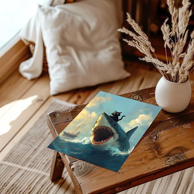XOCUUI Cat Riding Shark Canvas Funny Cat Canvas Animal Decor Funny Shark Picture Coastal Theme Artwork Animal Prints Abstract Fish Picture Black cat Painting For Lover 8x10 - Unframed - Image 5