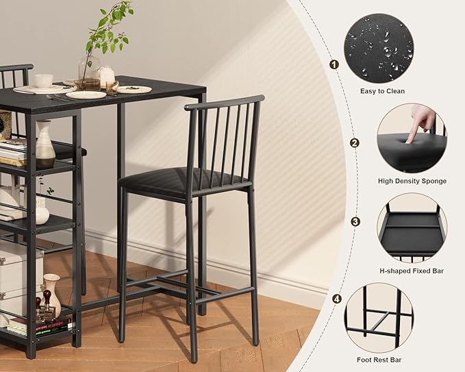 Gizoon 3-Piece Bar Dining Table Set for 2, Kitchen Table w/Shelves Black | Space-saving black bar height table set with 3 storage shelves. Includes 2 high-density PU cushion chairs that tuck away. - Image 4