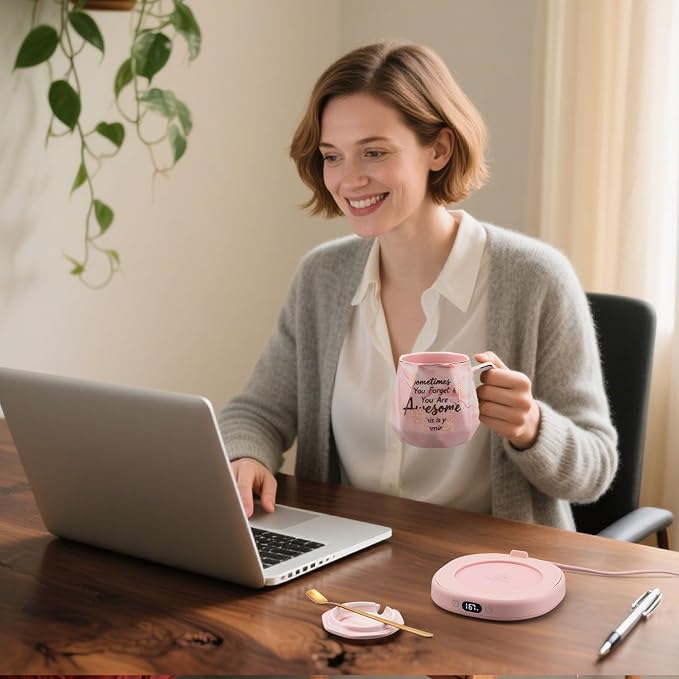 Coffee Mug Warmer Set Smart Electric Heated Cup Beverage Tea Candle Plate | You are Awesome Pink Mug Electric Warmer Set for Office Desk, 4 Temperature Control 8 Hrs Auto Shut Off, Ideal Gift for Women - Image 5